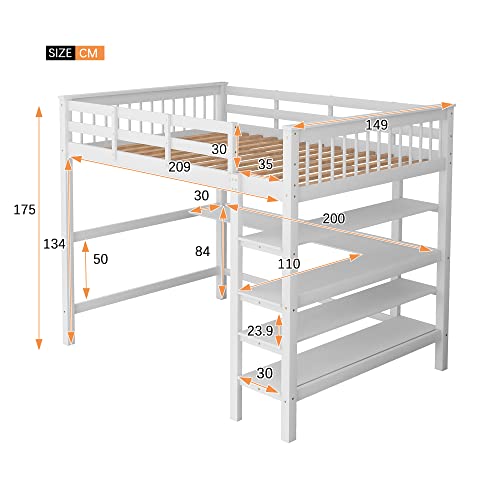 Moimhear Cama alta de madera con estantes y escritorio para debajo de la cama (blanco, 140 x 200 cm)