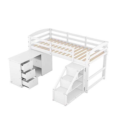 Moimhear Cama alta para niños con escritorio multifunción integrado y escalera, color blanco, 90 x 200 cm, WX000307-M