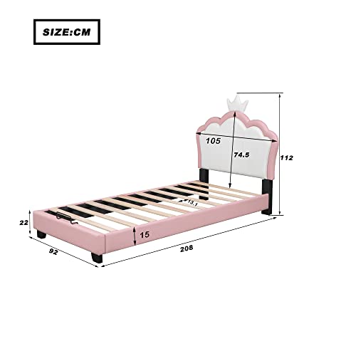 Moimhear Cama infantil tapizada 90 x 200 cm con somieres y respaldo, cama para niña con forma de corona, rosa (colchón no incluido) (90 x 200 cm),Blanco