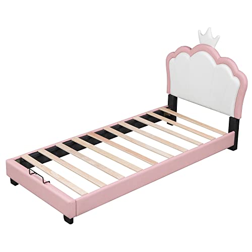 Moimhear Cama infantil tapizada 90 x 200 cm con somieres y respaldo, cama para niña con forma de corona, rosa (colchón no incluido) (90 x 200 cm),Blanco