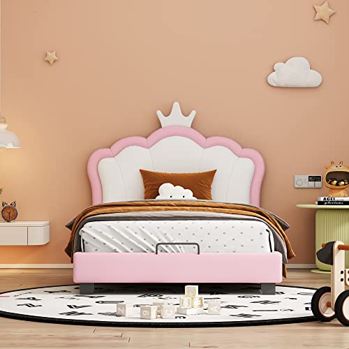 Moimhear Cama infantil tapizada 90 x 200 cm con somieres y respaldo, cama para niña con forma de corona, rosa (colchón no incluido) (90 x 200 cm),Blanco