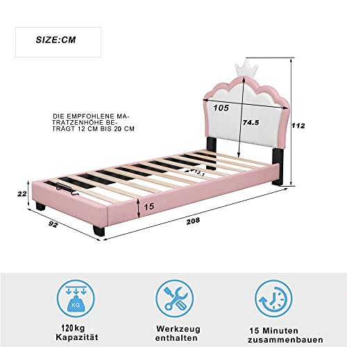 Moimhear Cuna acolchada de 90 x 200 cm, con somieres y respaldo, cuna para niñas con forma de corona, rosa (90 x 200 cm), LDU00031