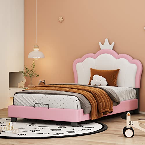 Moimhear Cuna acolchada de 90 x 200 cm, con somieres y respaldo, cuna para niñas con forma de corona, rosa (90 x 200 cm), LDU00031