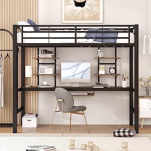 Moimhear Estructura de Cama de Metal 90 x 200 cm, Cama de Hierro, Cama Alta con Escritorio y Dos estanterías para niños, Adolescentes y Adultos (Negro 90x200cm)