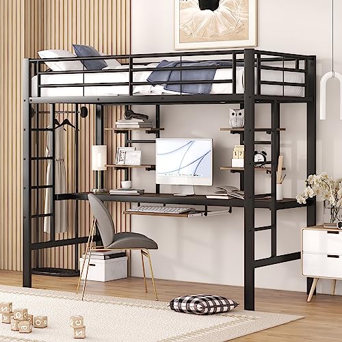 Moimhear Estructura de Cama de Metal 90 x 200 cm, Cama de Hierro, Cama Alta con Escritorio y Dos estanterías para niños, Adolescentes y Adultos (Negro 90x200cm)