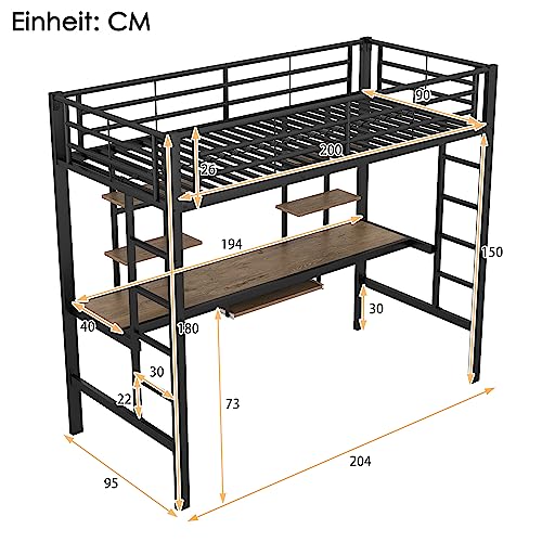 Moimhear Estructura de Cama de Metal 90 x 200 cm, Cama de Hierro, Cama Alta con Escritorio y Dos estanterías para niños, Adolescentes y Adultos (Negro 90x200cm)