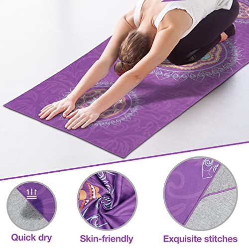 MoKo Manta de Yoga, [69,5x189cm] Toalla de Yoga Antideslizante de Poliéster Nylon con Bolsillos de Esquina para Colchonetas de Yoga Caliente, Secado Rápido para Gimnasio Pilates Playa, Mandala Púrpura