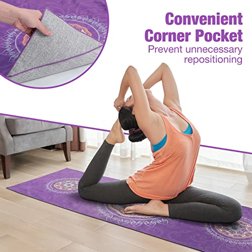 MoKo Manta de Yoga, [69,5x189cm] Toalla de Yoga Antideslizante de Poliéster Nylon con Bolsillos de Esquina para Colchonetas de Yoga Caliente, Secado Rápido para Gimnasio Pilates Playa, Mandala Púrpura