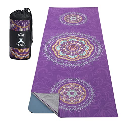 MoKo Manta de Yoga, [69,5x189cm] Toalla de Yoga Antideslizante de Poliéster Nylon con Bolsillos de Esquina para Colchonetas de Yoga Caliente, Secado Rápido para Gimnasio Pilates Playa, Mandala Púrpura