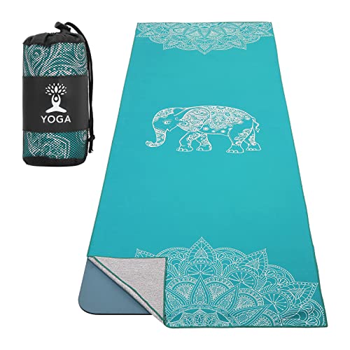 MoKo Manta de Yoga, [69,5x189cm] Toalla de Yoga Antideslizante de Poliéster y Nylon con Bolsillos de Esquina para Colchonetas de Yoga Caliente, Secado Rápido para Gimnasio Pilates Playa, Elefante Azul