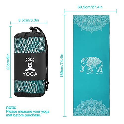 MoKo Manta de Yoga, [69,5x189cm] Toalla de Yoga Antideslizante de Poliéster y Nylon con Bolsillos de Esquina para Colchonetas de Yoga Caliente, Secado Rápido para Gimnasio Pilates Playa, Elefante Azul