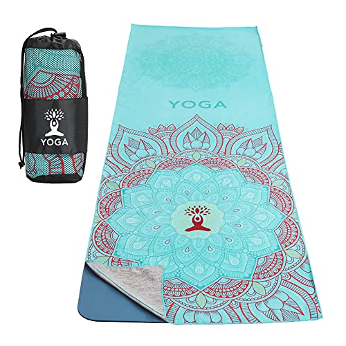 MoKo Toalla de Yoga, Alfombra de Yoga Antideslizante y de Secado Rápido con Esquinas de Fijación, Manta de Yoga Suave con Patrón de Impresión para Diferentes Ejercicios de Yoga, Loto del Sagrado