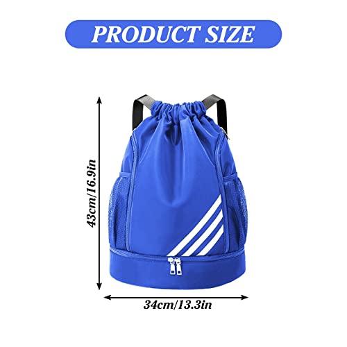 Molbory Bolsa de deporte con cordón para deportes y viajes, ajustable, con cremallera, impermeable, bolsa de deporte, bolsa de fútbol, niños (azul), azul