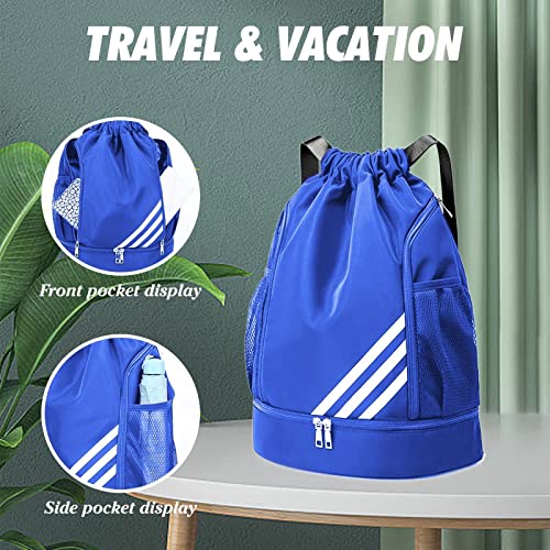 Molbory Bolsa de deporte con cordón para deportes y viajes, ajustable, con cremallera, impermeable, bolsa de deporte, bolsa de fútbol, niños (azul), azul