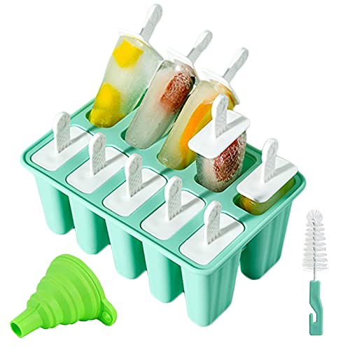 Moldes para Helados de Silicona, Reutilizable, para Hacer paletas, 12 Juego de Moldes para polos-10 Moldes, 1Plegable Embudo,1cepillo de limpieza,libres de BPA