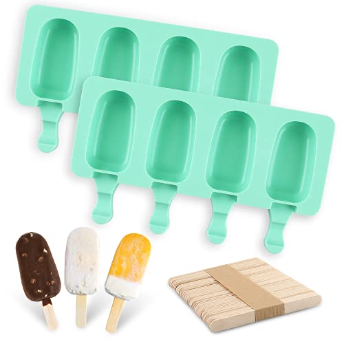 Moldes Silicona, 2 pcs Ovalado Ice Lolly Moulds,4 Cavidades- Moldes Paletas+100 Palos Madera,Antiadherente Fabricante Polos Hielo de Bricolaje,para Helados Chocolate Gelatina