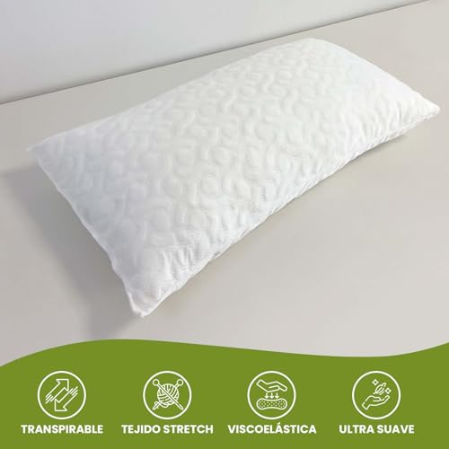 MOMMY CONFORT - Pack 2 Almohada Viscoelastica 70 cm con Copos 100% Viscoelasticos – Tejido Stretch Ultra Suave – Almohada Adaptable al Cuello – Termoreguladora – Fabricado en España