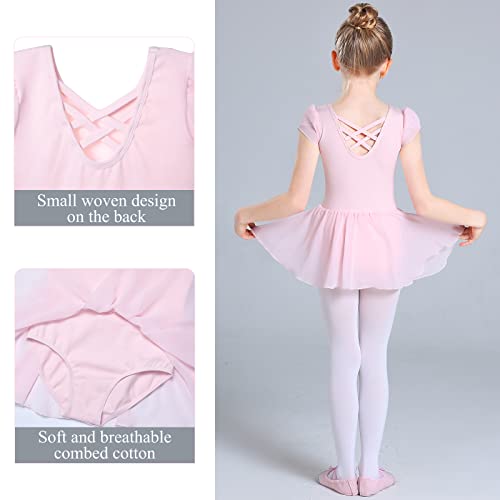 Monbessi Mallot de Ballet/Danza Niña de Manga Corta Tirantes Cruzados Maillot Ballet de Los NiñOs de AlgodóN Ballet Traje de Gimnasia Leotardo con Falda 2-11 AñOs(110, Rosa)