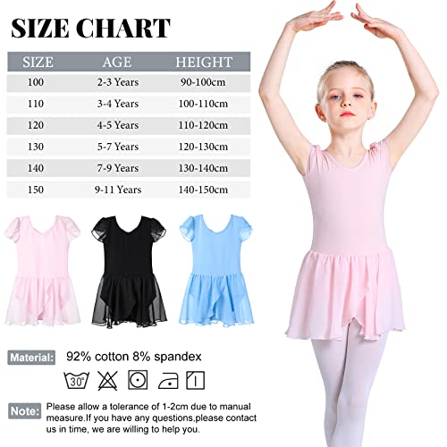 Monbessi Mallot de Ballet/Danza Niña de Manga Corta Tirantes Cruzados Maillot Ballet de Los NiñOs de AlgodóN Ballet Traje de Gimnasia Leotardo con Falda 2-11 AñOs(110, Rosa)