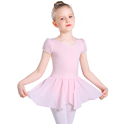 Monbessi Mallot de Ballet/Danza Niña de Manga Corta Tirantes Cruzados Maillot Ballet de Los NiñOs de AlgodóN Ballet Traje de Gimnasia Leotardo con Falda 2-11 AñOs(110, Rosa)