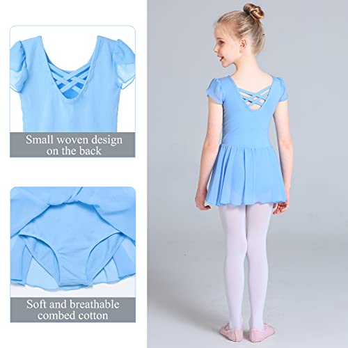 Monbessi Mallot de Ballet/Danza Niña de Manga Corta Tirantes Cruzados Maillot Ballet de Los NiñOs de AlgodóN Ballet Traje de Gimnasia Leotardo con Falda 2-11 AñOs(110, Azul)