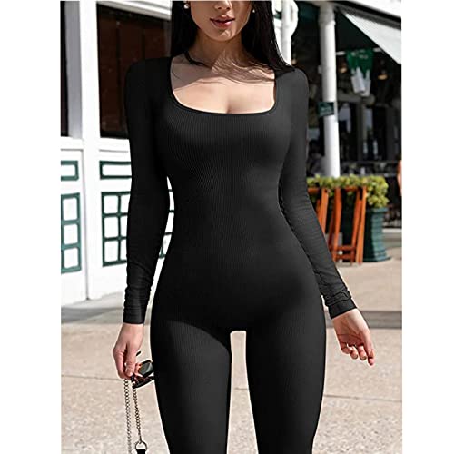 Mono Yoga Mujer Ropa Deportiva de Mujer Traje de Una Pieza para Deporte Mono Ajustado Elástico de Punto Acanalado con Manga Larga y Cuello Cuadrado para Gimnasio Fitness (Negro, M)