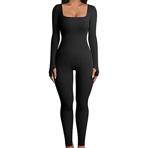 Mono Yoga Mujer Ropa Deportiva de Mujer Traje de Una Pieza para Deporte Mono Ajustado Elástico de Punto Acanalado con Manga Larga y Cuello Cuadrado para Gimnasio Fitness (Negro, M)