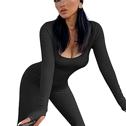 Mono Yoga Mujer Ropa Deportiva de Mujer Traje de Una Pieza para Deporte Mono Ajustado Elástico de Punto Acanalado con Manga Larga y Cuello Cuadrado para Gimnasio Fitness (Negro, M)