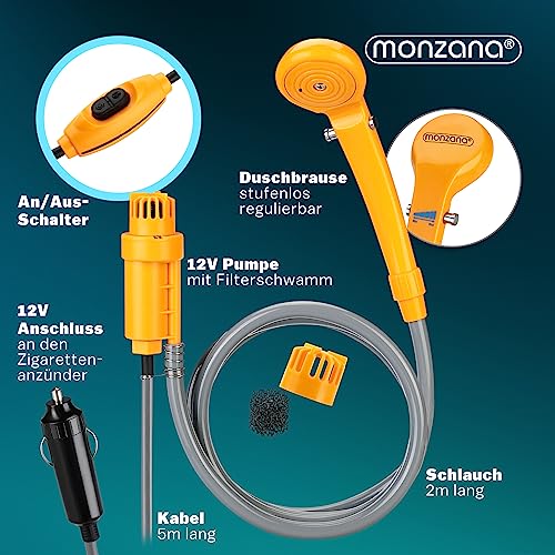 monzana® Ducha Portátil Camping Aire Libre Duchas de Mano Exterior Coche Adaptador 12V Cable 5m Bolsa Almacenamiento