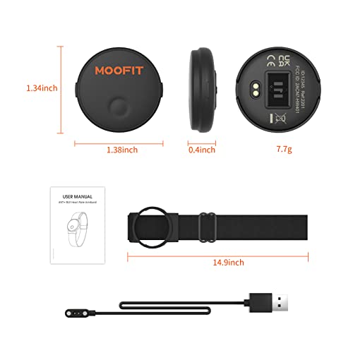 moofit HW401 Brazalete Monitor de Frecuencia Cardíaca Bluetooth Ant+, IP67 Impermeable Rechargeable Heart Rate Monitor Bracelet Compatible con con Wahoo, Strava, Elite HRV