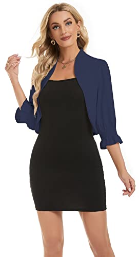 MorFansi Mujer Puff Manga Bolero Elegante Torera Cárdigan 3/4 Manga Boleros Chaqueta Corta Festiva Top Corto (Azul Marino,XL)