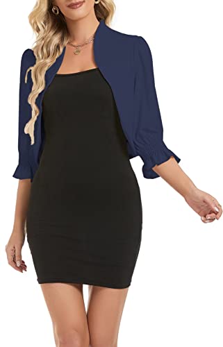 MorFansi Mujer Puff Manga Bolero Elegante Torera Cárdigan 3/4 Manga Boleros Chaqueta Corta Festiva Top Corto (Azul Marino,XL)