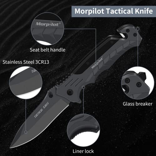 morpilot Navaja Plegable Cuchillo de Acero Inoxidable con Punta Rompevidrio y Cutter Cinturón Cuchillo Plegable con Mango Acero Inoxidable para Acampar, Picnic, Caza