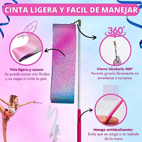 MOSFITO | 2 Cintas de Gimnasia rítmica para niñas de 2 Metros | con Varilla de 30 cm | Color Rosa con Efecto Brillante | Cinta Gimnasia Ritmica niña