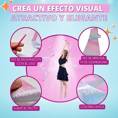 MOSFITO | 2 Cintas de Gimnasia rítmica para niñas de 2 Metros | con Varilla de 30 cm | Color Rosa con Efecto Brillante | Cinta Gimnasia Ritmica niña