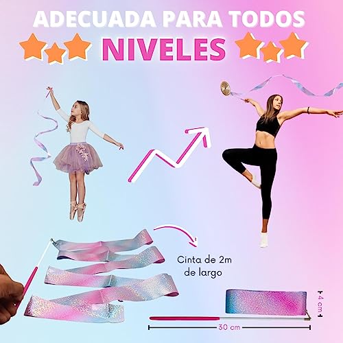 MOSFITO | 2 Cintas de Gimnasia rítmica para niñas de 2 Metros | con Varilla de 30 cm | Color Rosa con Efecto Brillante | Cinta Gimnasia Ritmica niña