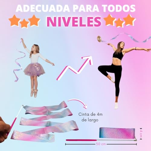 MOSFITO | 2 Cintas Gimnasia Ritmica Niña 4 Metros | Gimnasia Rítmica Niña | Gimnasia Rítmica Accesorios | Varilla Fibra de Vídrio de 50 cm