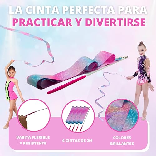 MOSFITO | 4 Cintas de Gimnasia Rítmica para Niñas | Varilla de Fibra de Vidrio de 30 cm | Color Rosado y Efecto Brillante | Ideal para Entrenamiento y Diversión