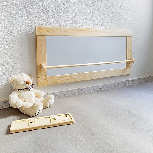 MOST DECO Espejo Montessori con Barra para Bebés y Niños. Espejo de Madera Maciza con Cristal de Seguridad. Regalo Montessori Infantil para Cumpleaños. Dimensiones 52 x 106 x 2 Cm