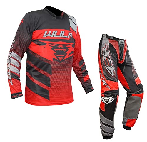 Motorbike Wulf Forte MX Kids Race Suit New 2020 Motocross Quad Off Road Trials Enduro Kart ATV MTB Dirt Bike Pit Sport Junior Pant Shirt Kit (Red,3-4 Years with Waist 22)