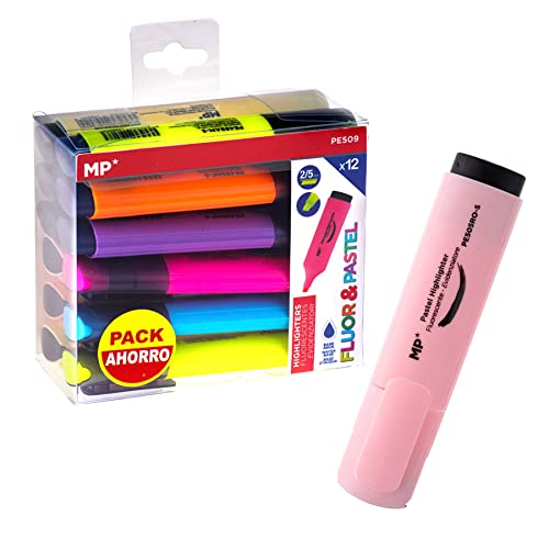 MP - Pack 12 Subrayadores Fluorescentes a Base de Agua, Punta Biselada, Antisecado, para Estudiantes, Niños, Adolescentes, Adultos, Uso Escolar y Trabajo, Colores Surtidos