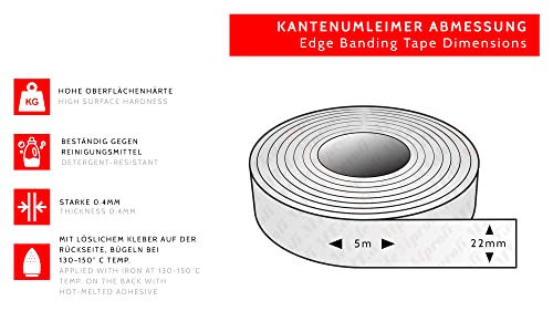 Mprofi MT® 5m Rollo-Cinta de Borde de Melamina-Con Adhesivo Termofusible-Borde de Borde para Estantes-Tablero de Construcción de Muebles-Cinta de Borde para Planchar-Blanco Liso 22mm