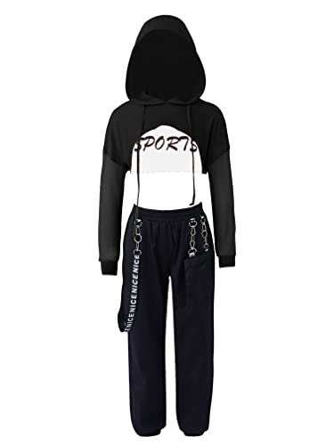 MSemis Conjuntos Deportivos Niña 3 Piezas de Hip Hop Sudadera Corta Con Capucha+Crop Top+Pantalónes Largos Chándal Niña de Danza Urbana Ropa Casual Negro 14 años