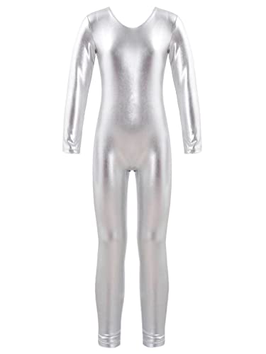 MSemis Maillot Brillante de Danza para Niña Leotardo Manga Larga Mono de Patinaje Artístico Gimnasia Jumpsuit Elástico Bailarina Dancewear 4-14 Años Plateado 10 años