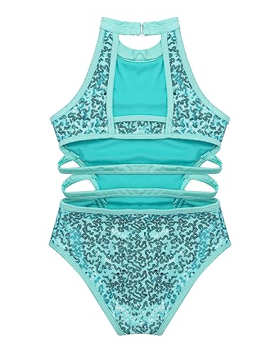 MSemis Maillot Lentejuelas de Gimnasia Rítmica para Niñas Maillot de Patinaje Artístico Maillot de Danza Ballet Body Deportivo para Actuación Turquesa A 13-14 años