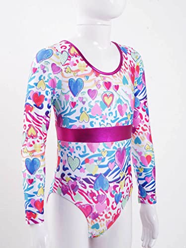 MSemis Maillot Manga Larga de Gimnasia Ritmica Niña Maillot Estampado de Patinaje Artistico Body Elástico de Danza Clásica Traje de Danza Ballet Blanco+Rosa 5-6 años