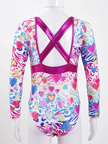 MSemis Maillot Manga Larga de Gimnasia Ritmica Niña Maillot Estampado de Patinaje Artistico Body Elástico de Danza Clásica Traje de Danza Ballet Blanco+Rosa 5-6 años