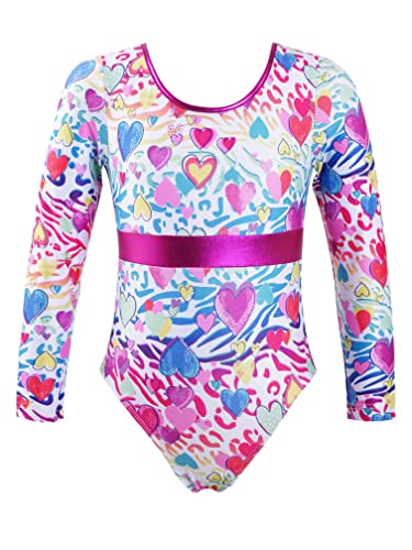 MSemis Maillot Manga Larga de Gimnasia Ritmica Niña Maillot Estampado de Patinaje Artistico Body Elástico de Danza Clásica Traje de Danza Ballet Blanco+Rosa 5-6 años