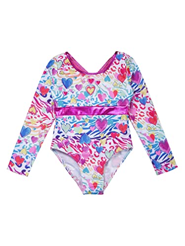 MSemis Maillot Manga Larga de Gimnasia Ritmica Niña Maillot Estampado de Patinaje Artistico Body Elástico de Danza Clásica Traje de Danza Ballet Blanco+Rosa 5-6 años