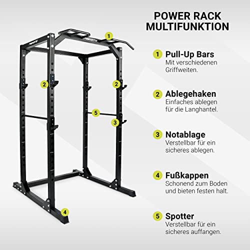 MSPORTS Power Rack Premium Cage H/B/T – 215 x 120 x 140 cm, estación de fuerza hasta 200 kg, jaula de pesas, estación de fitness cuadrada (Power Rack)